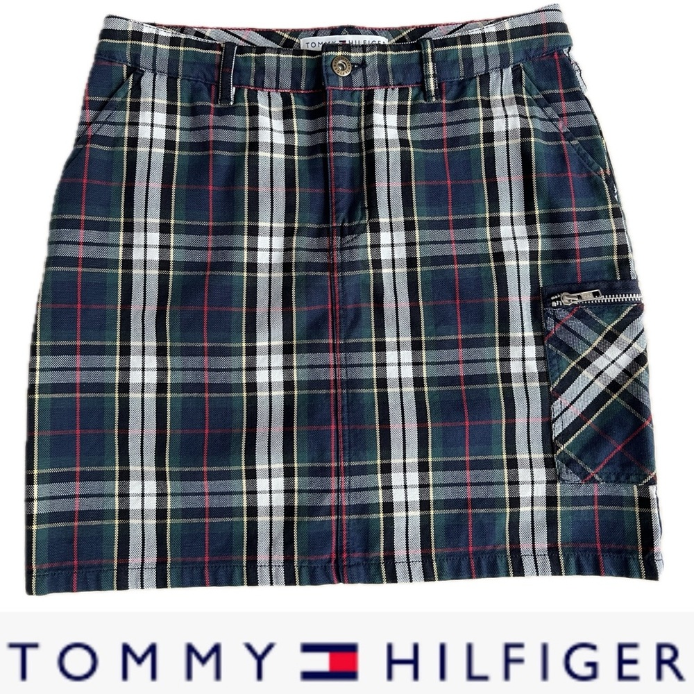 💿VTG Y2K Tartan Plaid Cotton Mini Skirt Blue Green Tommy Hilfiger Sz 4